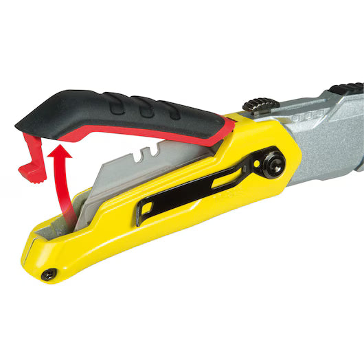 Yellow and black utility knife with red blade extension on a white background
STANLEY® FATMAX® Retractable Folding Utility Knife