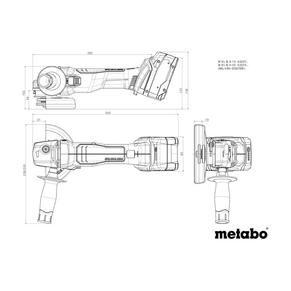 Metabo Cordless Angle Grinder Brushless 125mm W 18 L BL 9-125 18V Body Only in MetaBOX Case