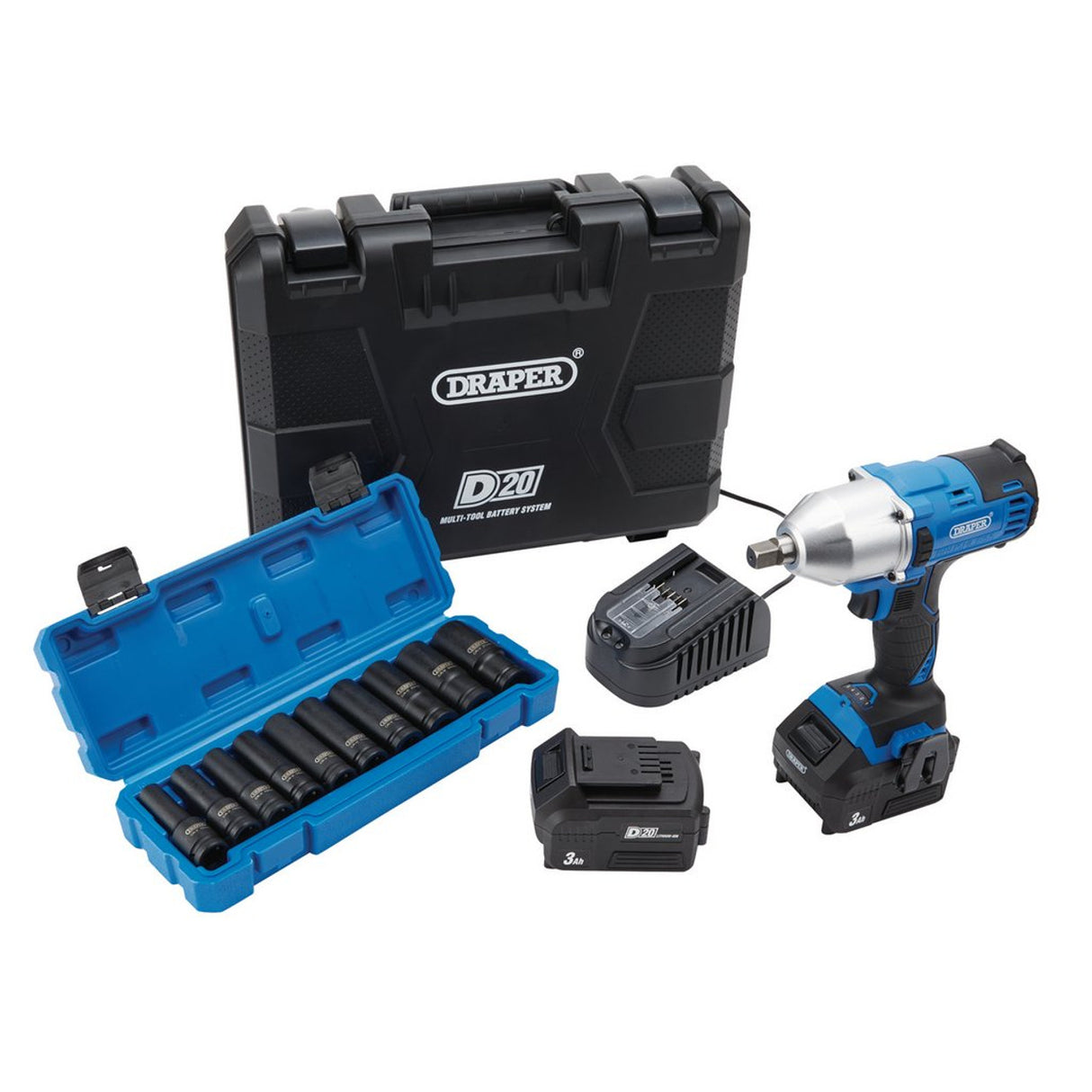 Draper D20 20V Brushless Mid-Torque Impact Wrench Kit, 1/2" Sq. Dr. & Metric Deep Impact Socket Set (10 Piece)