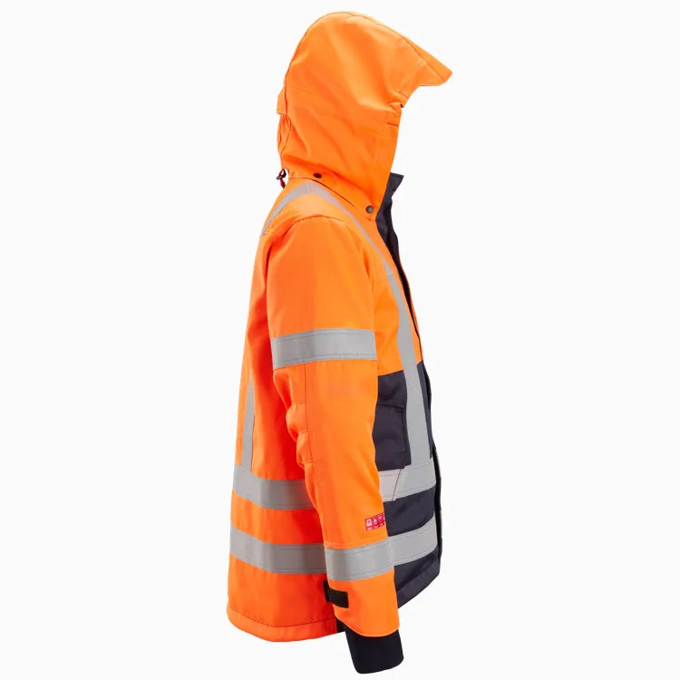 An orange high-visibility hooded jacket with reflective silver stripes, shown in profile against a plain white background. Snickers 1164 ProtecWork, Insulated Hood Jacket, High-Vis Class 3 | Oranage/Navy Blue