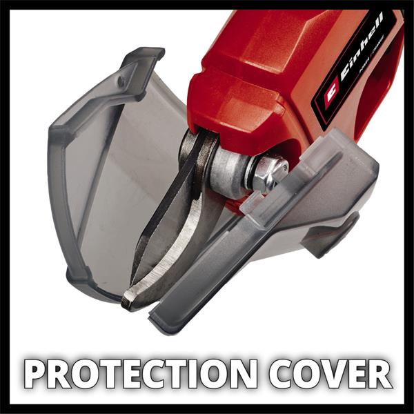 A close-up of a red and gray Einhell power tool showing its protective guard cover, with the text 'PROTECTION COVER' overlaid at the bottom.