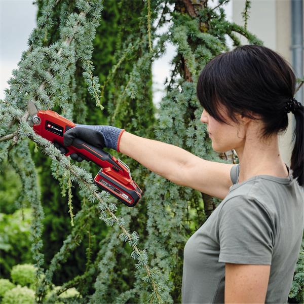 Person using a red power tool to trim greenery
