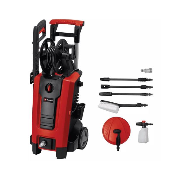 A red and black cordless pressure washer with a hose reel, shown with several included accessories on a plain white background. The set includes multiple spray nozzles, a brush attachment, a foam cannon, a hose cover, and a small water filter.
Einhell Power Tool Classic Pressure Washer 1900W 140 Bar