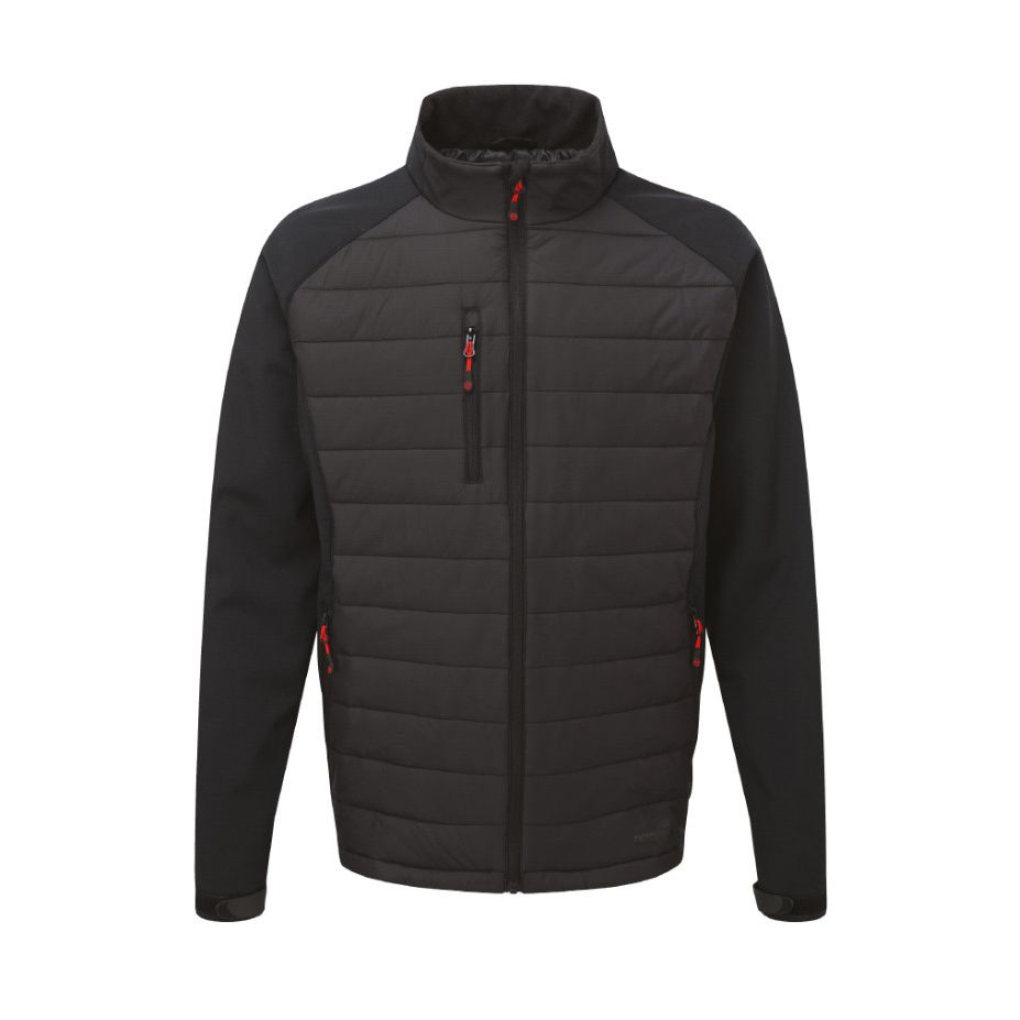 A black and dark gray hybrid jacket with a quilted chest panel, solid sleeves, and a stand-up collar, featuring small red zipper pulls.