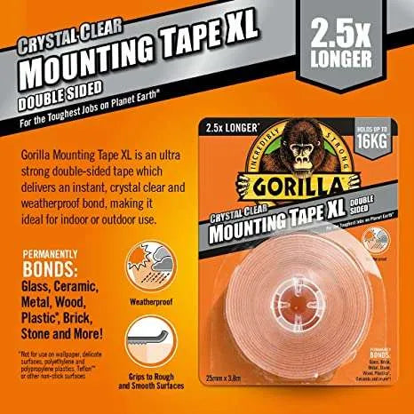 Gorilla Crystal Clear Mounting Tape | Clear XL - 25mm x 3.8m