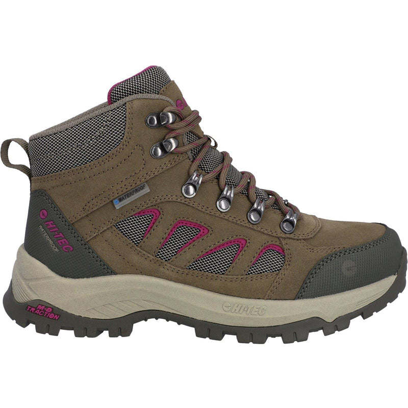A mid-cut hiking boot in brown suede and mesh with dark gray accents, pink logo details, and a beige midsole, shown from a side profile on a white background. Hi-Tec Bandera Expedition Leather Women's Hiking Boots | Olive