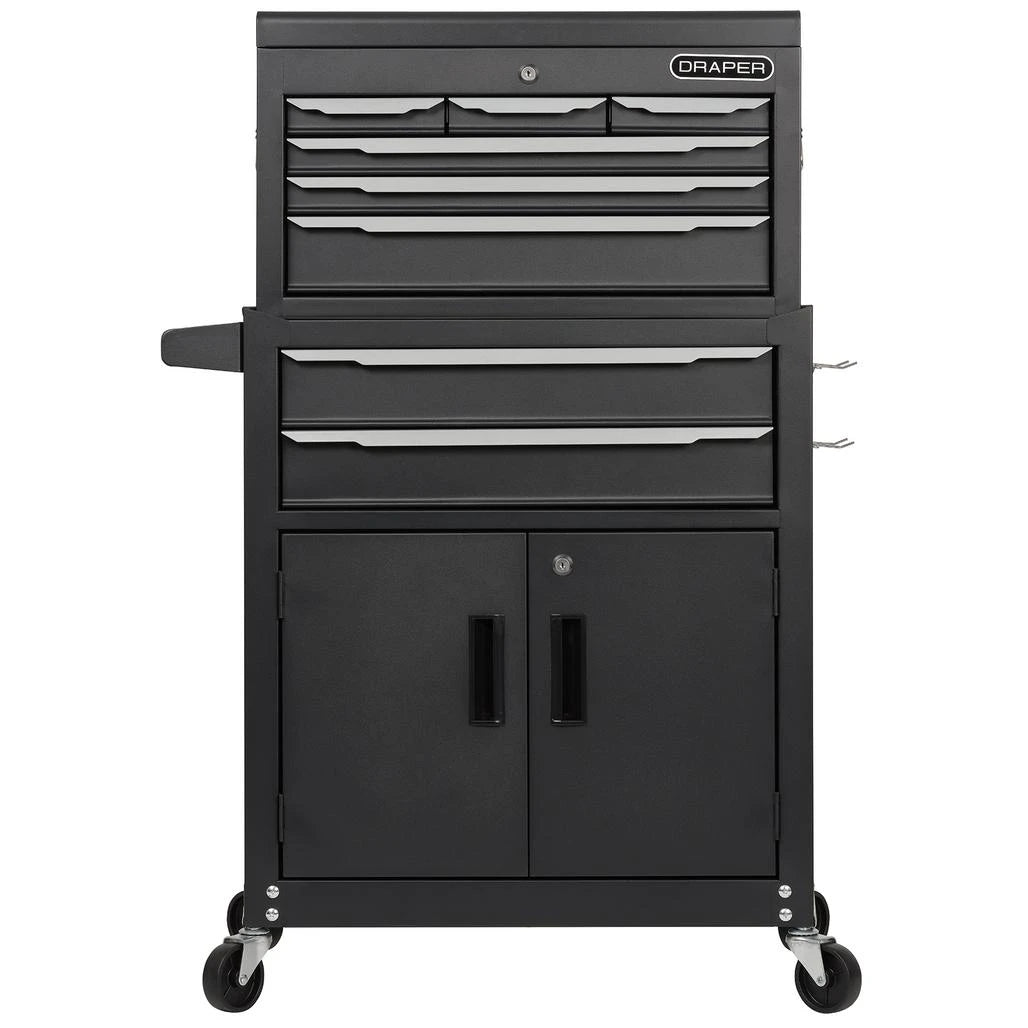 Black tool cabinet with multiple drawers and a cabinet on wheels, featuring the Draper brand.
Draper Combined Roller Cabinet and Tool Chest | 8 Drawer - 24"