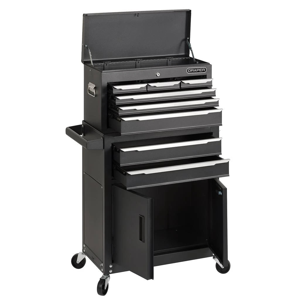 Black tool chest with multiple drawers on a white background