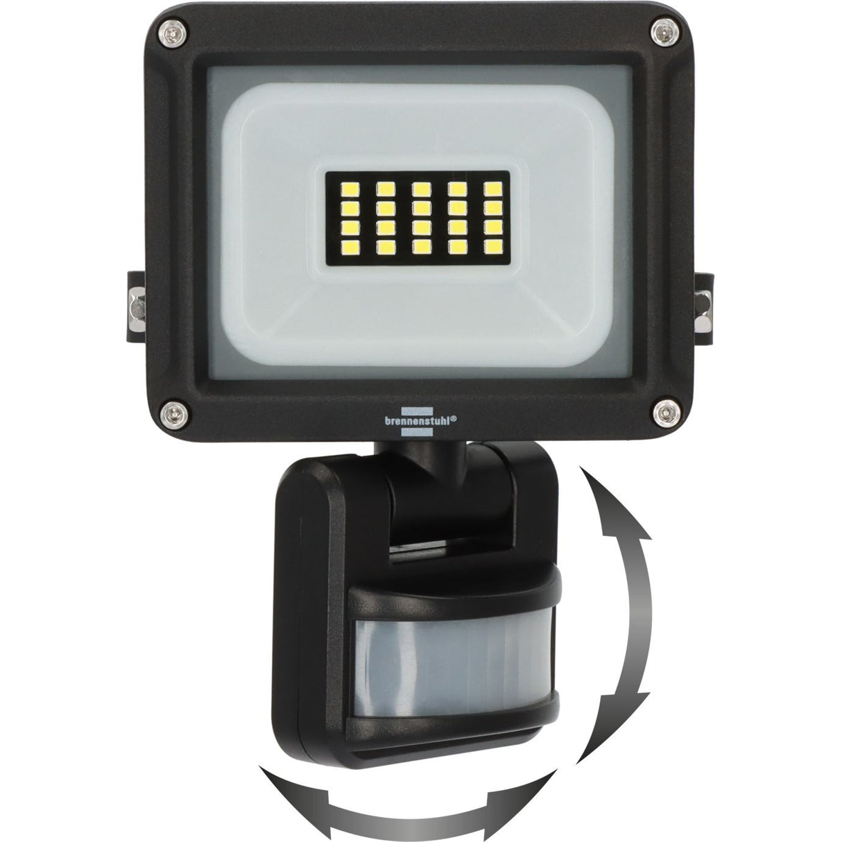 Black outdoor floodlight with integrated motion sensor and mounting bracket, shown on a white background with gray rotation arrows indicating adjustable head tilt.