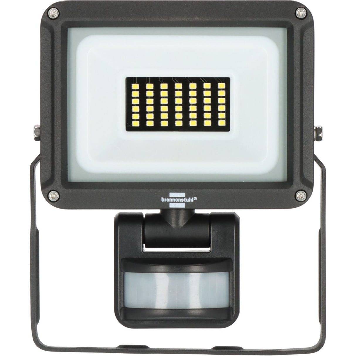 A black Bauenstahl LED floodlight with an integrated motion sensor, shown against a plain white background.