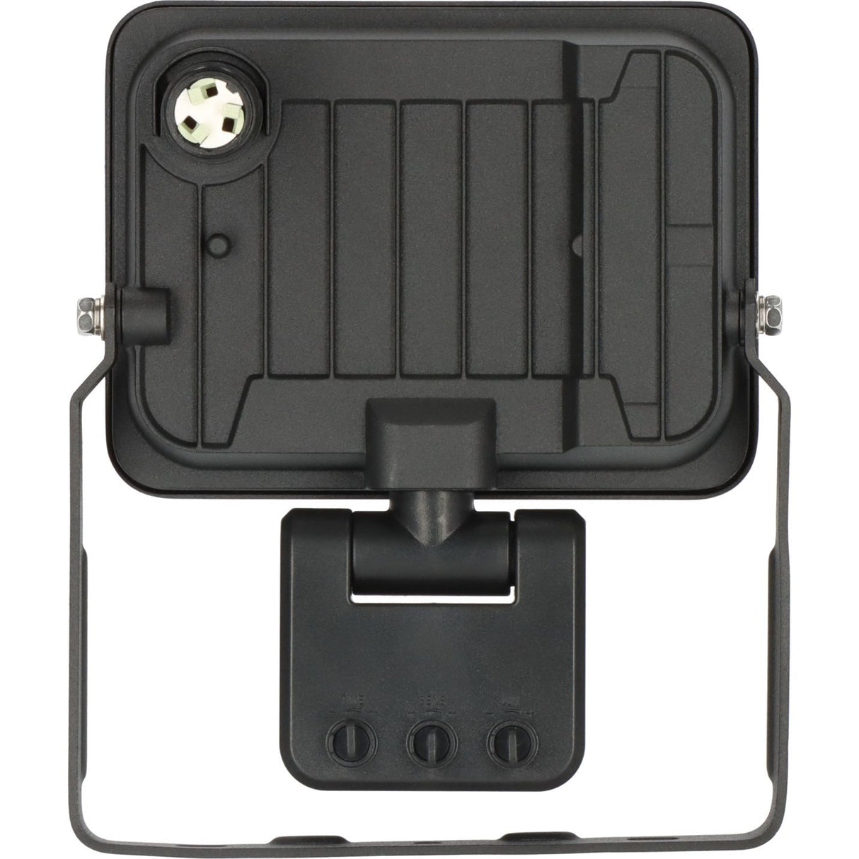 Black outdoor LED floodlight with a mounting bracket and wire frame, shown from the back on a white background.