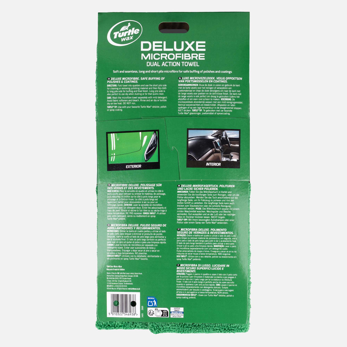 Green packaging of Turtle Wax Deluxe Microfibre Dual Action Towel on a white background