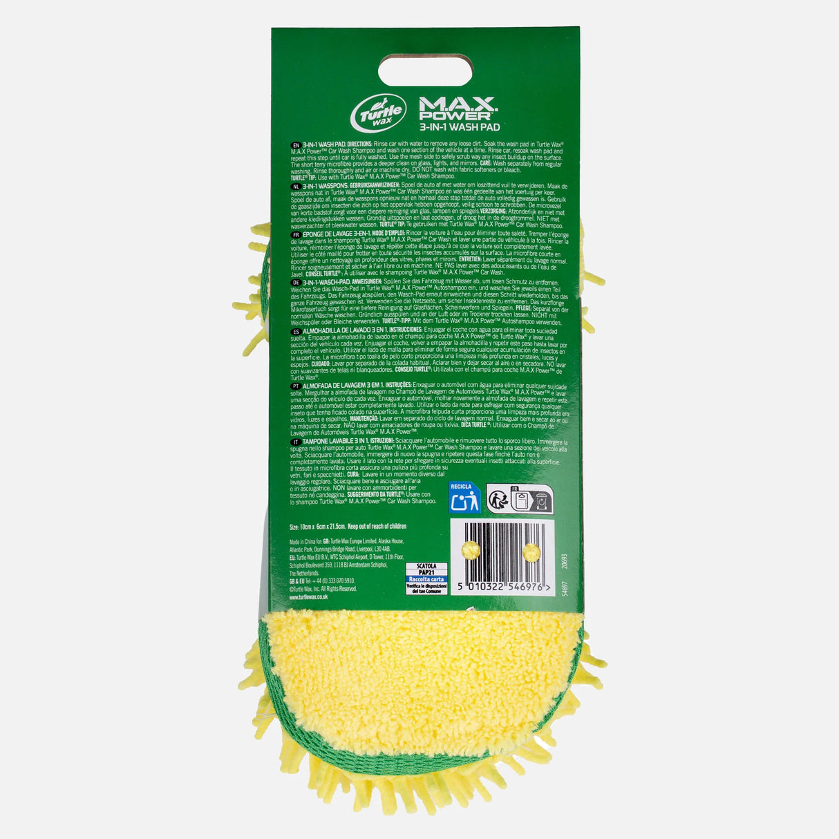 The back of a green and yellow microfiber cleaning mitt package, showing the brand 'Cheetah MAX NETWORKING' and product details on a light gray background. Turtle Wax M.A.X Power™ 3-in-1 Wash Pad