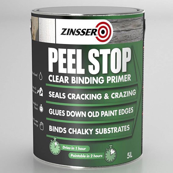 A 5L can of Zinsser Peel Stop Clear Binding Primer, featuring a black and green label with white text, on a light gray background.