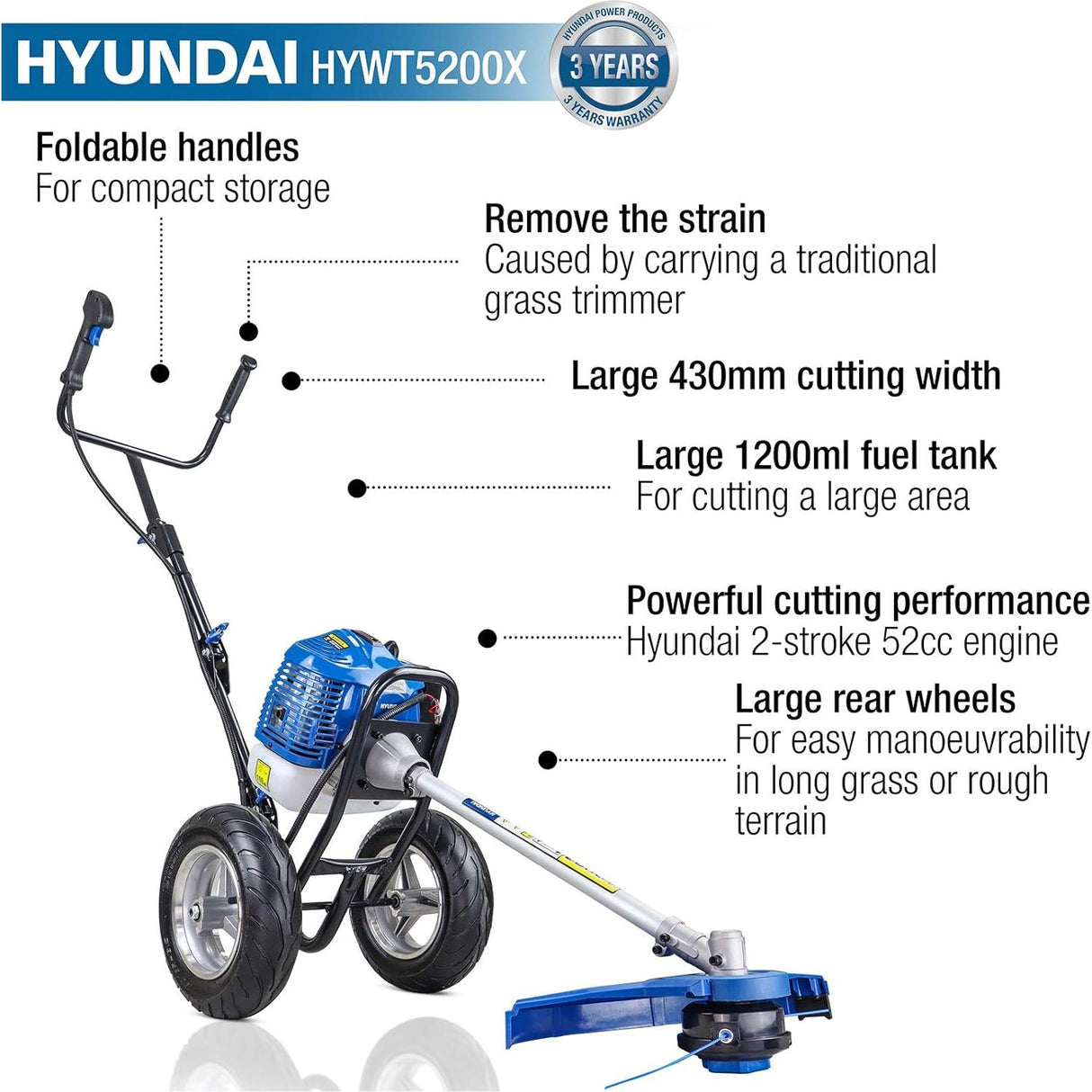 Hyundai 52cc Petrol Wheeled Grass Trimmer 43cm Cutting Width Large Wheels - HYWT5200X