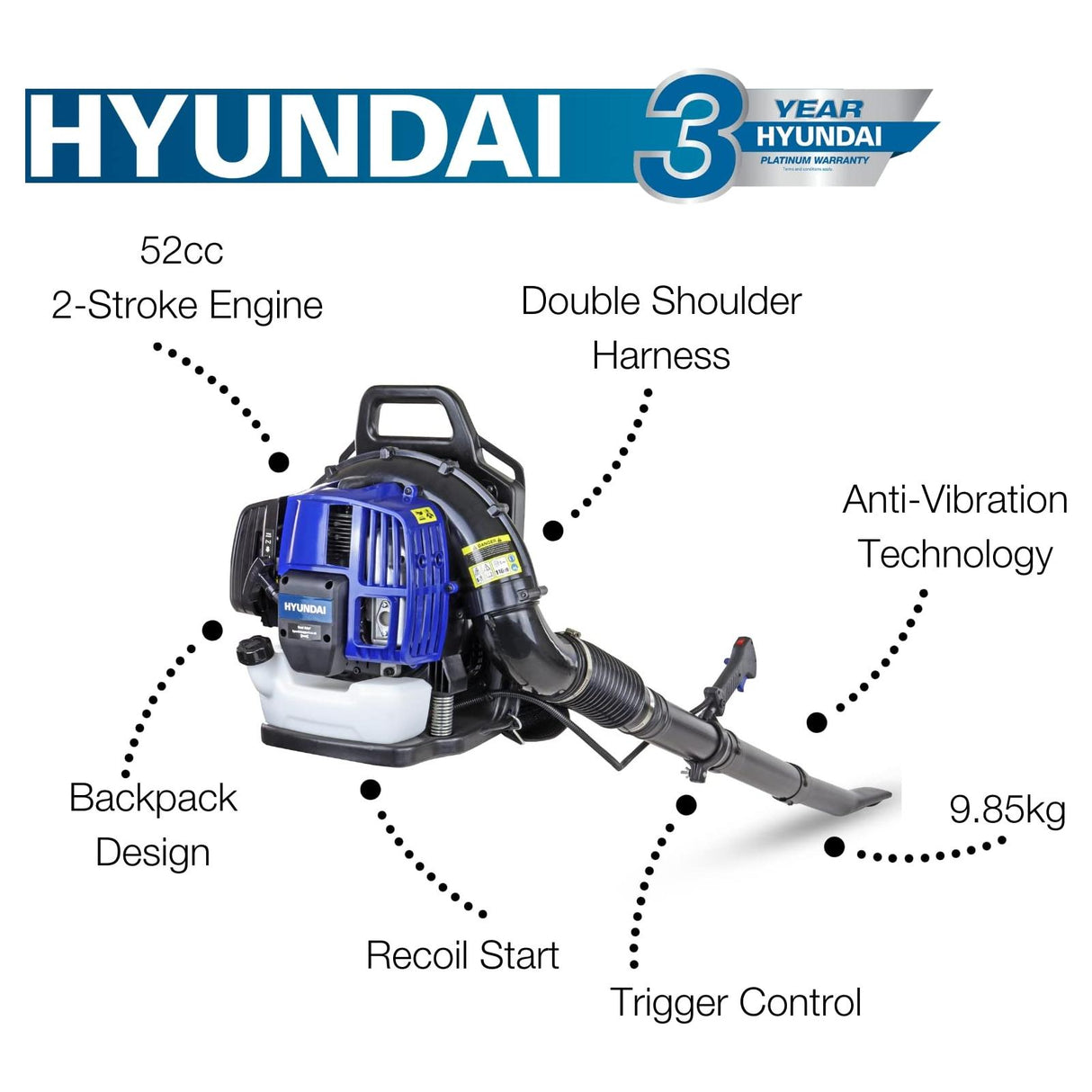 Hyundai Petrol Leaf Blower Backpack 52cc