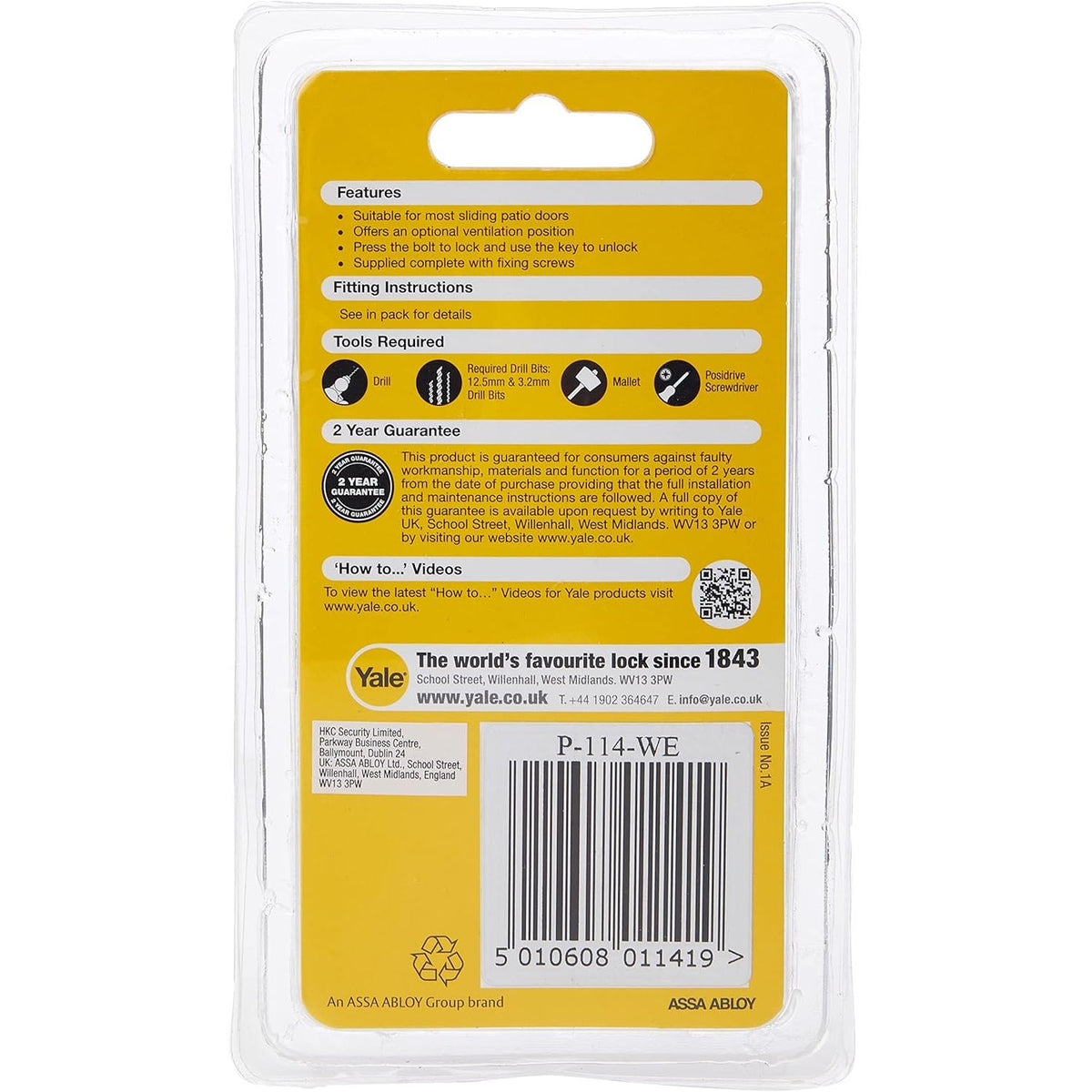 Yale P114 Patio Door Lock | White