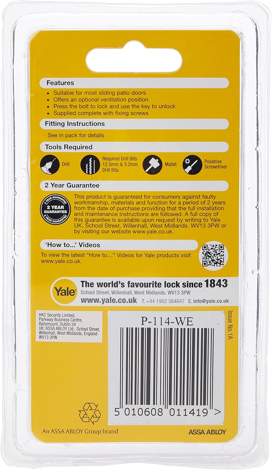 Yale P114 Patio Door Lock | White