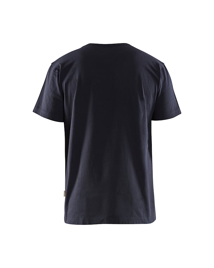 A dark navy blue short-sleeve crewneck t-shirt shown from the back, photographed against a solid white background.