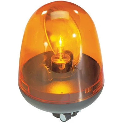 An amber dome-shaped warning beacon light with a glowing bulb inside, set against a plain white background.