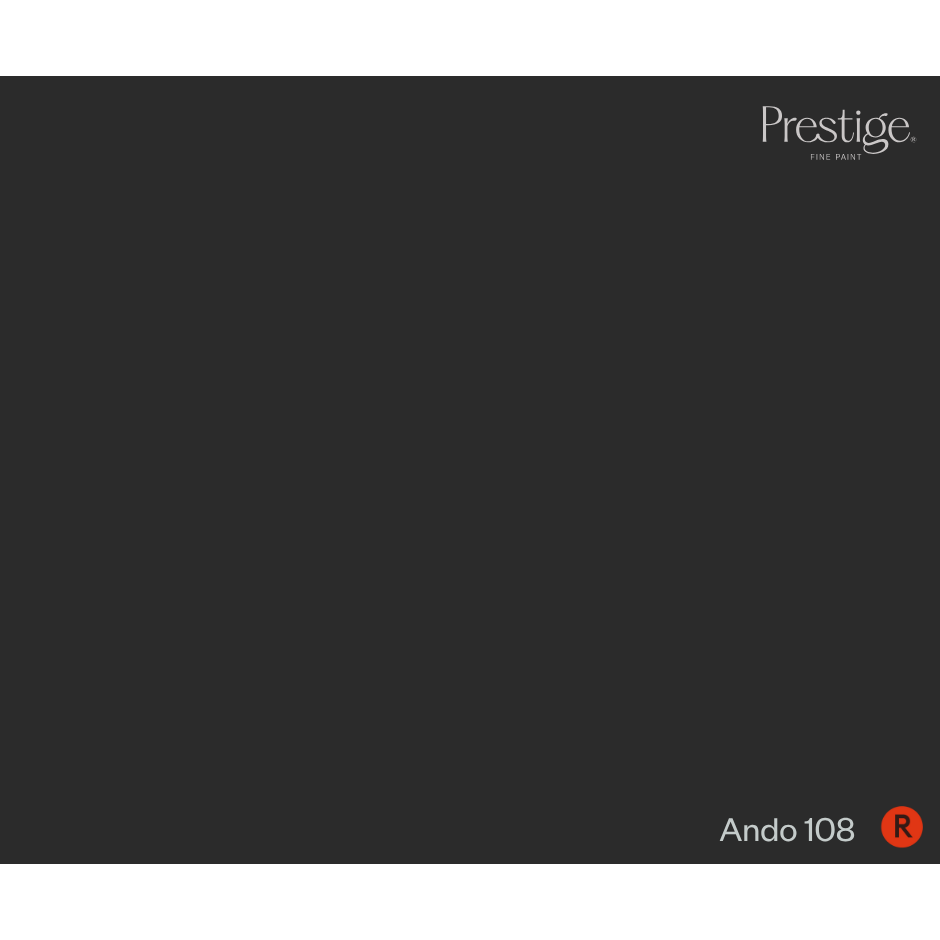 A dark charcoal gray color swatch card from Prestige Fine Art, labeled 'Ando 108' with a red 'R' accent in the bottom right corner.