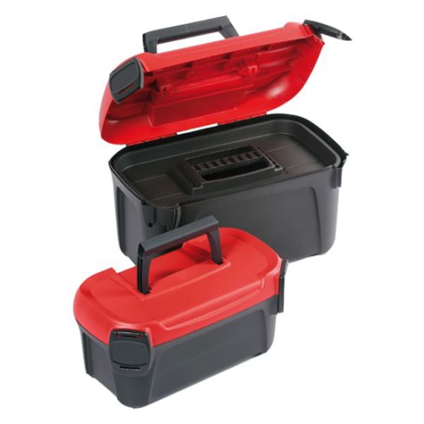 Two red and black toolboxes on a white background