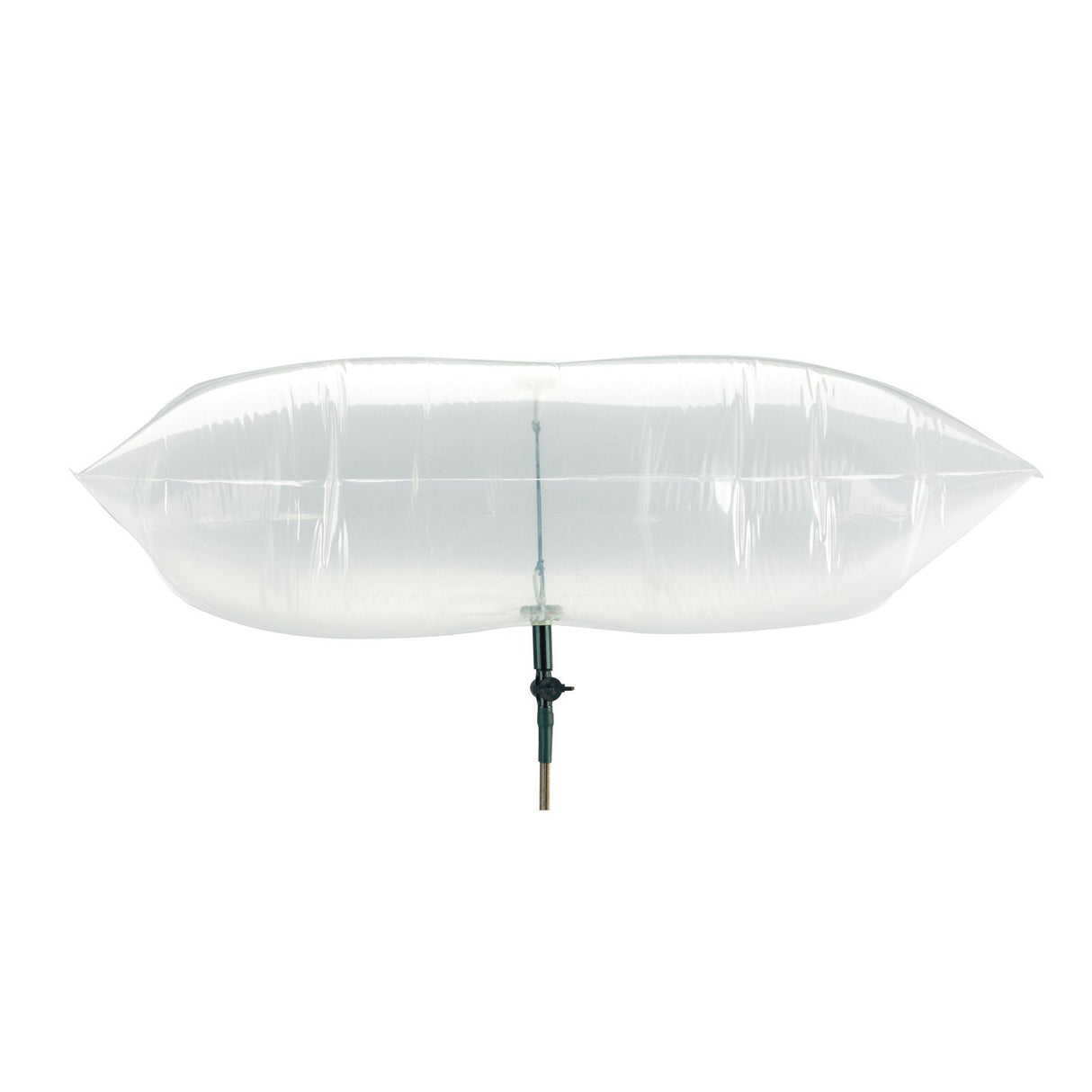 A clear, inflatable air mattress or pool float resting on a black and silver support pole, isolated on a solid white background.