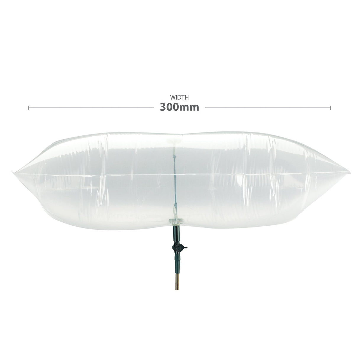 A clear inflatable studio light modifier or diffuser panel mounted on a stand, shown against a white background with a width measurement label reading 300mm above it.