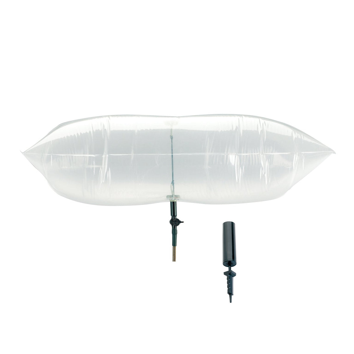 A clear inflatable pool float with a black pump, shown against a solid white background.
