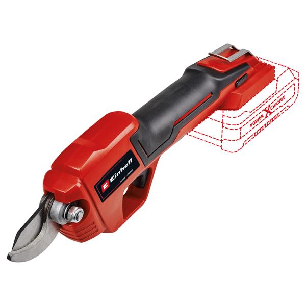 A red and black Einhell cordless pruning shears with a silver metal blade, shown on a plain white background with a red dashed graphic overlay indicating battery power.