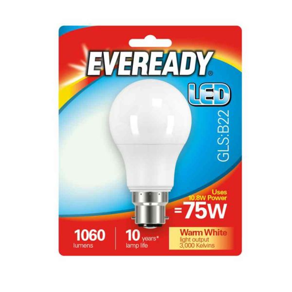 Eveready 10.8W LED Frosted GLS B22 Lightbulb | Warm Light