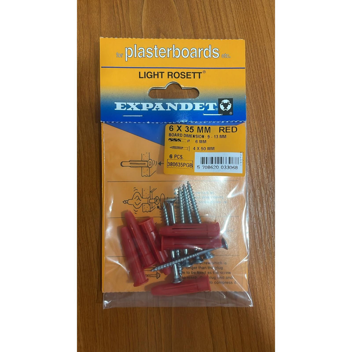 Expandet Rosett Light Red Plasterboard Plugs + Screws - 6x35mm | Pack of 6