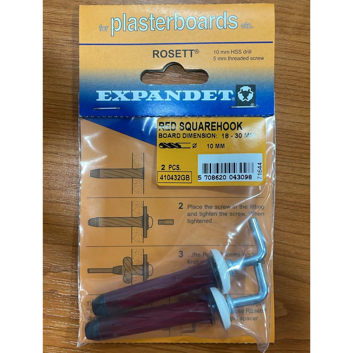 Expandet Rosett Sqaure Hook For Plasterboards - M5x55mm | Red - Pack of 2