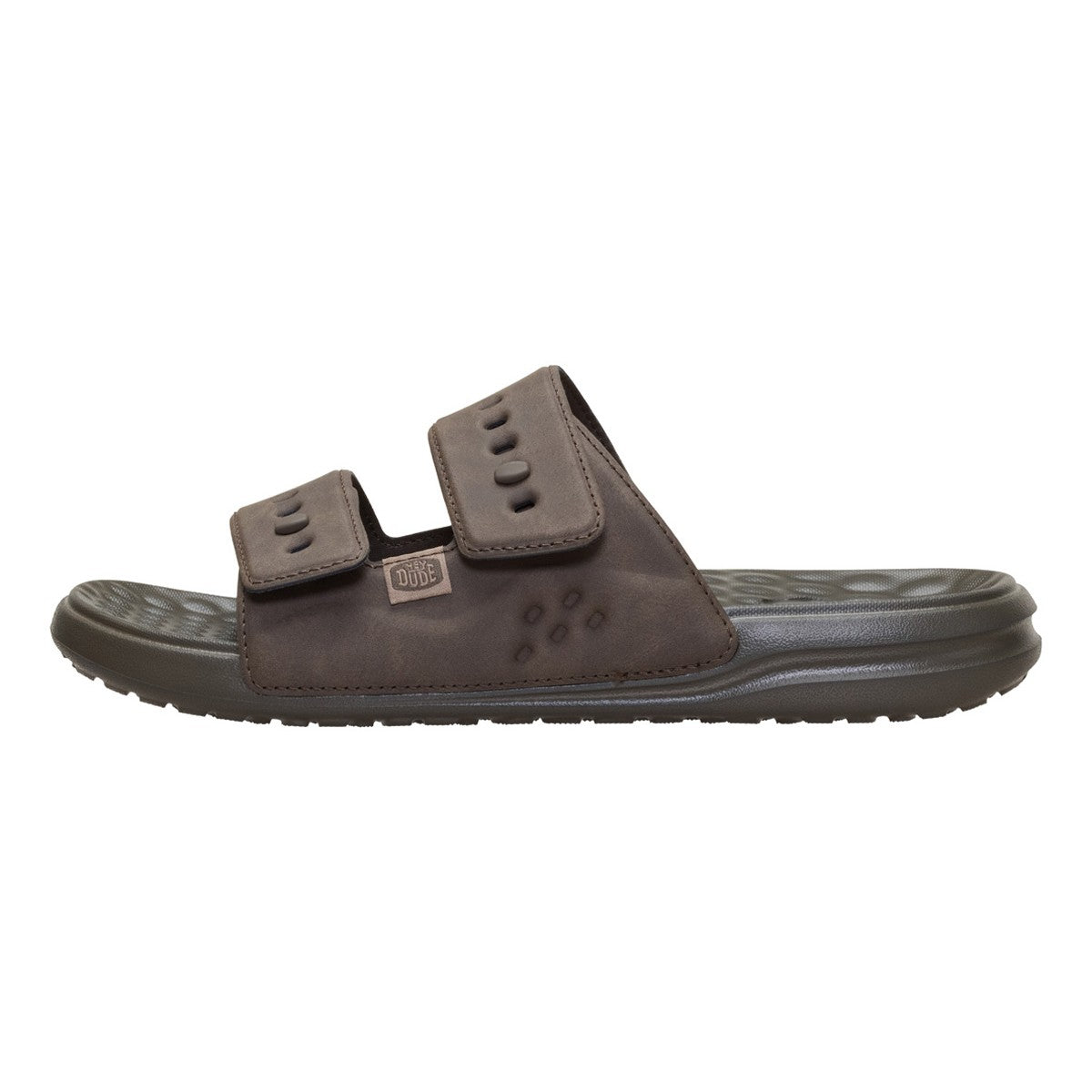 A dark brown double-strap slide sandal with a molded sole, shown in a side profile view against a plain white background.