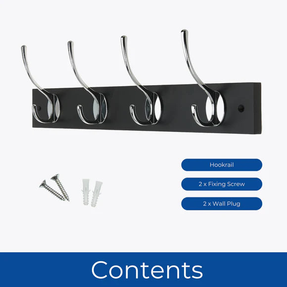 Headbourne Wall Mounted Coat Rack with Victorian Chrome Hooks - 4 Double Hooks | Black