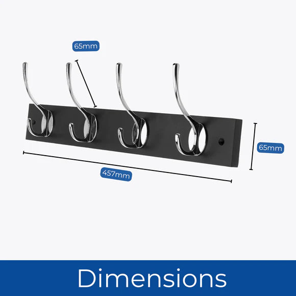 Headbourne Wall Mounted Coat Rack with Victorian Chrome Hooks - 4 Double Hooks | Black
