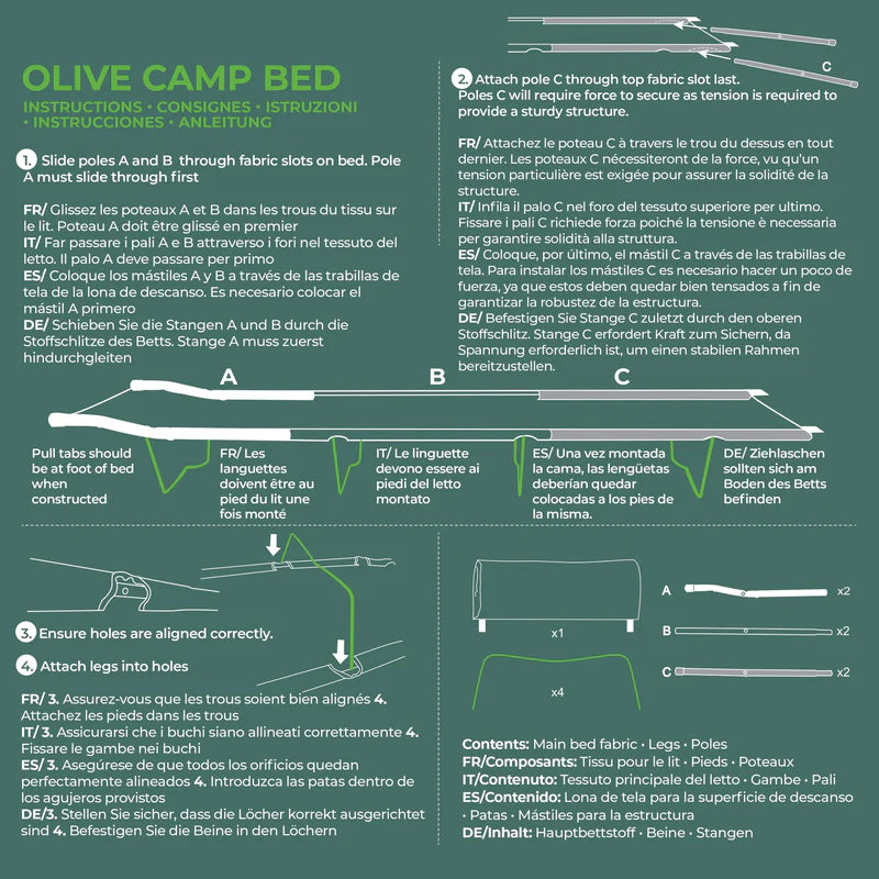 An instructional diagram in French and English for assembling an olive camp bed, showing labeled parts A, B, and C with step-by-step assembly instructions and a color-coded layout on a white background.
Highlander Camp Bed | Olive
