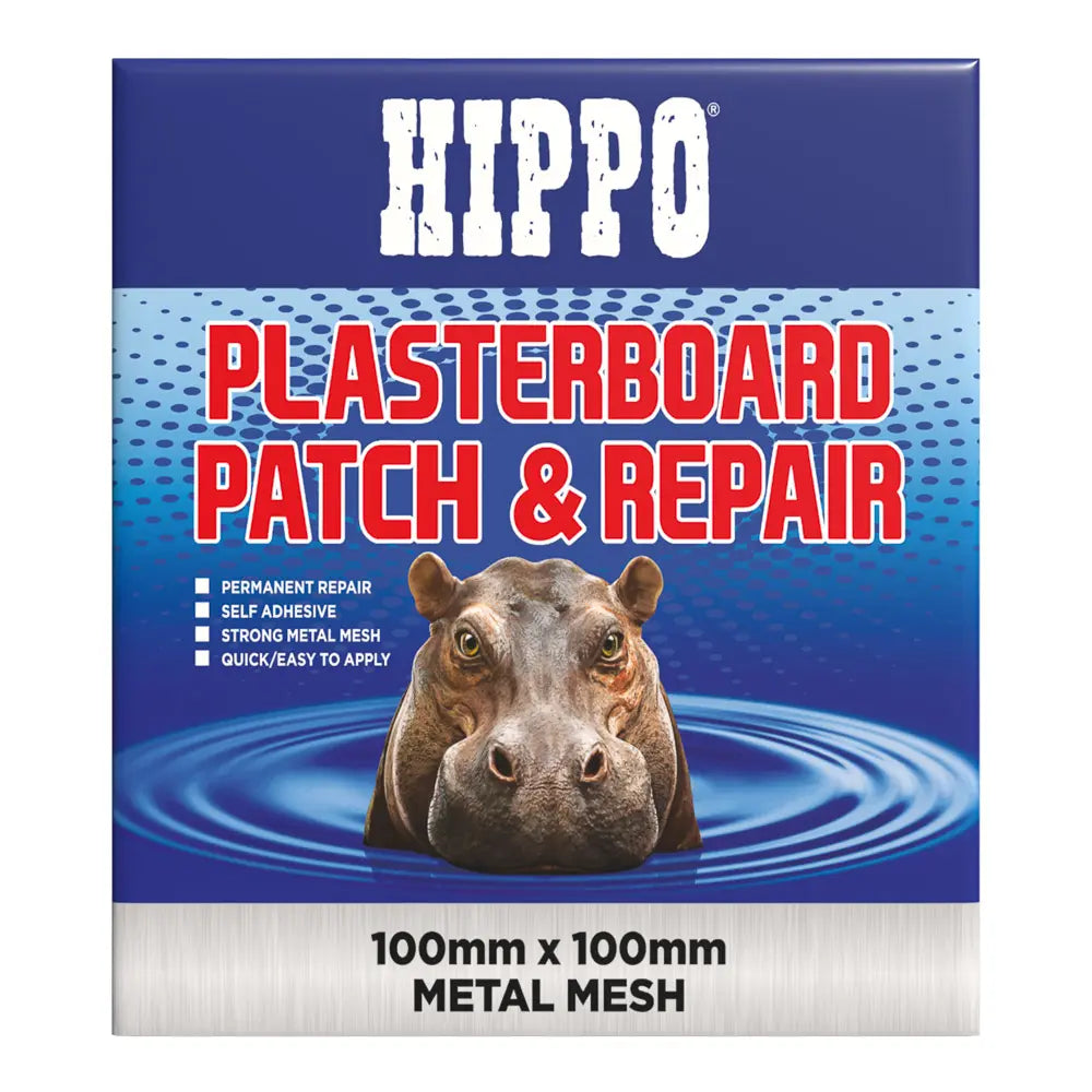 Hippo brand Plasterboard Patch & Repair kit in a square metal mesh pack, 100mm x 100mm. The packaging features a blue background with a graphic of a hippo over water ripples, and bold red and white text.