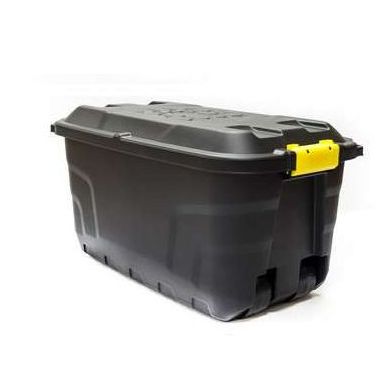 A black plastic storage bin with a secure hinged lid and a bright yellow latch, shown on a plain white background.
Home Collection Heavy Duty Trunk on Wheels With Lid | 75L