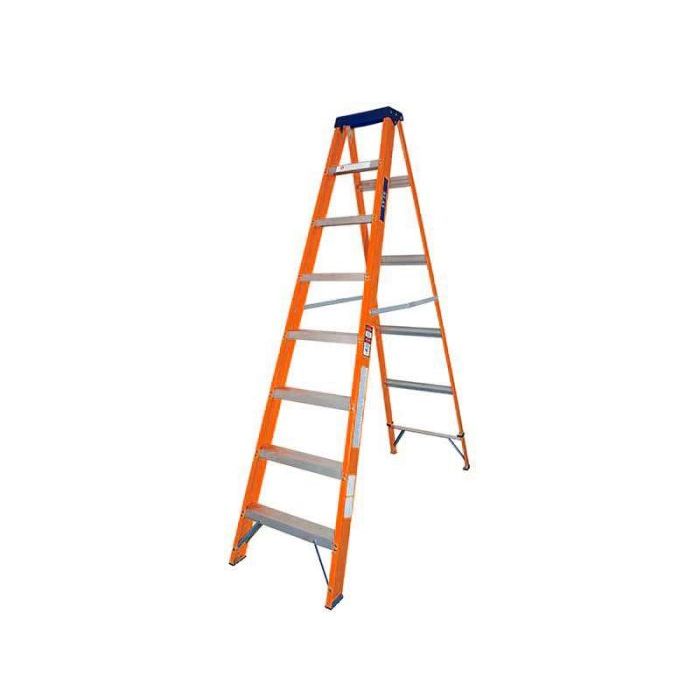 An orange step ladder with silver metal steps and a dark blue top handle, shown on a plain white background.