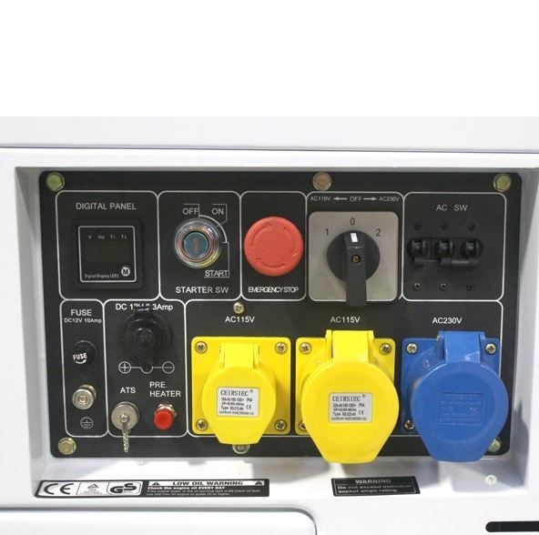 Industrial electrical control panel with a black faceplate, featuring a digital display, red emergency stop button, rotary switch, and three large power outlets in yellow, blue, and red.
