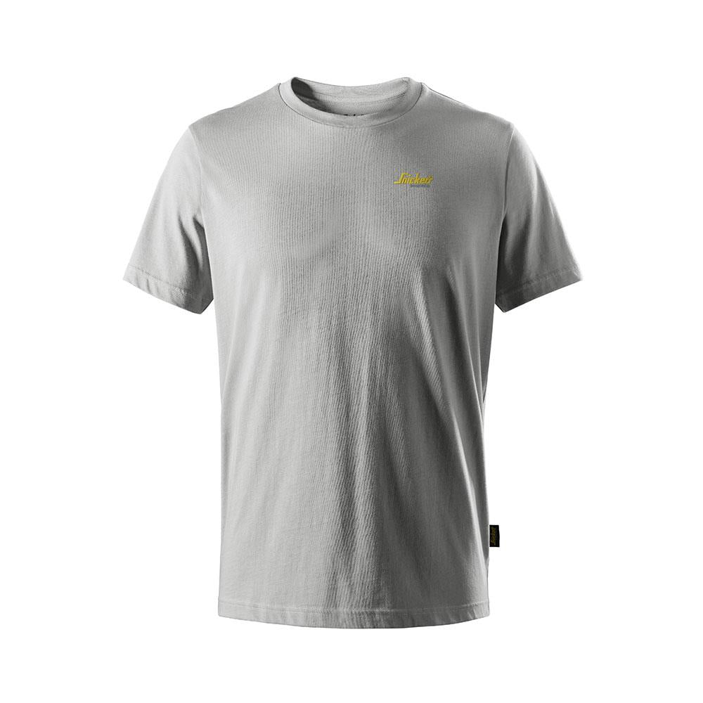 Gray t-shirt with a yellow logo on a white background
