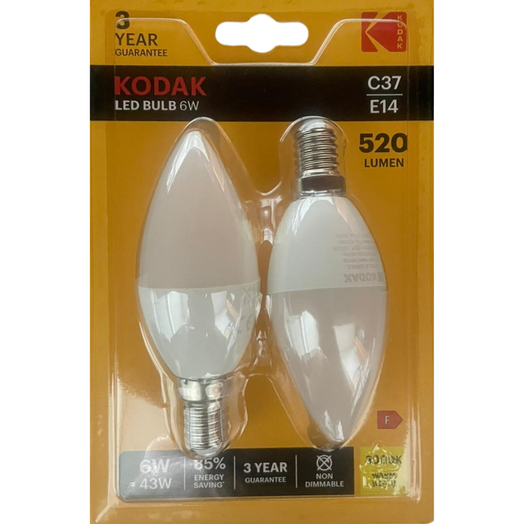 Kodak LED Candle Bulb 6W C37 B22 – 520 Lumen In Warm White | Pack of 2