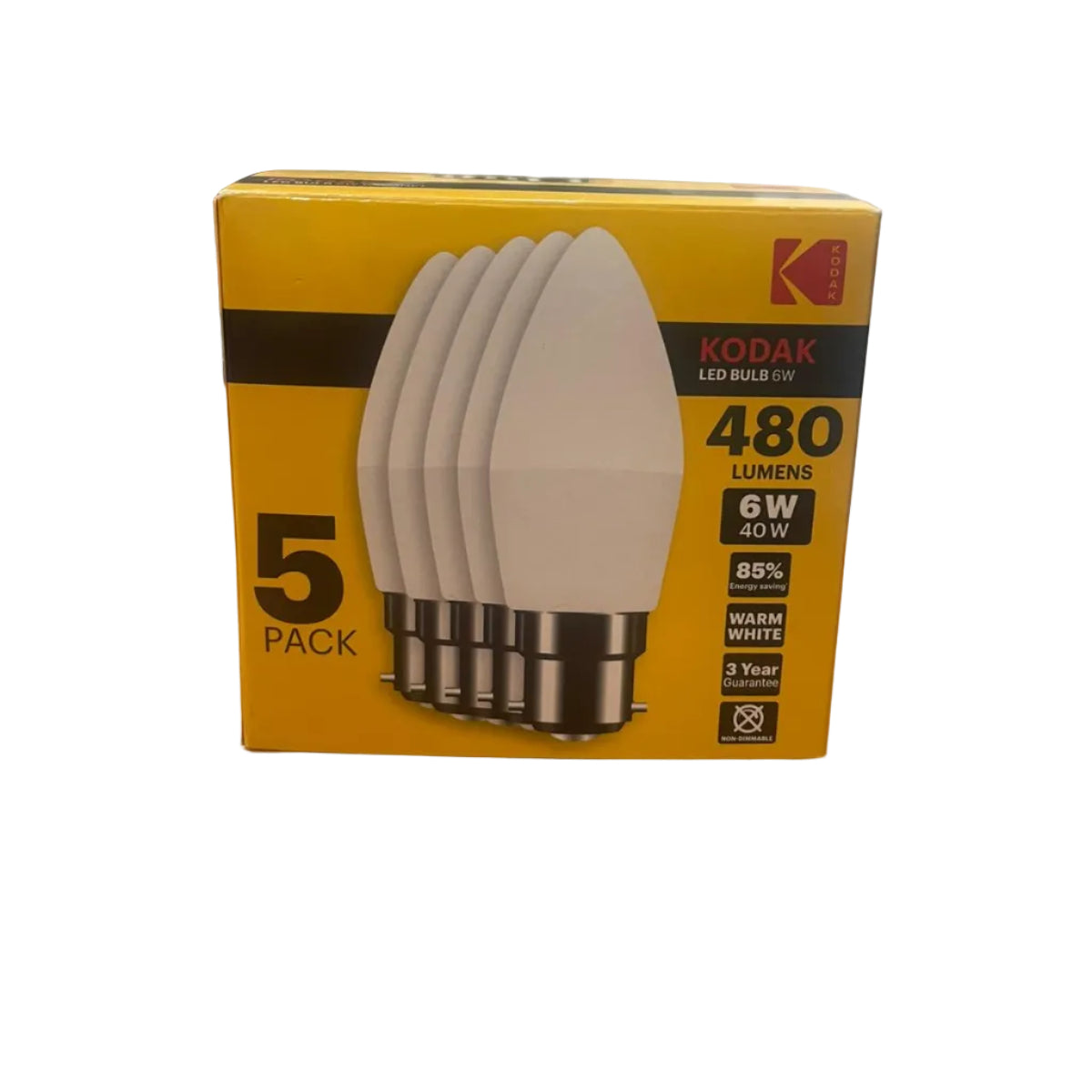 Kodak LED Candle 6W Bulb C37 B22 480 Lumens in Warm White | Pack of 5