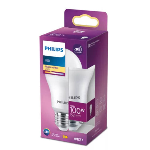 A Philips LED light bulb in its original purple and white retail packaging, shown against a plain white background.
