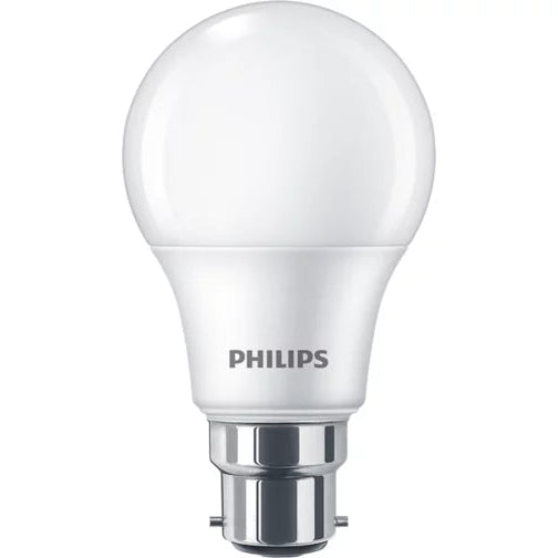 A Philips LED light bulb with a frosted white glass globe and a silver bayonet base, shown against a plain white background.
