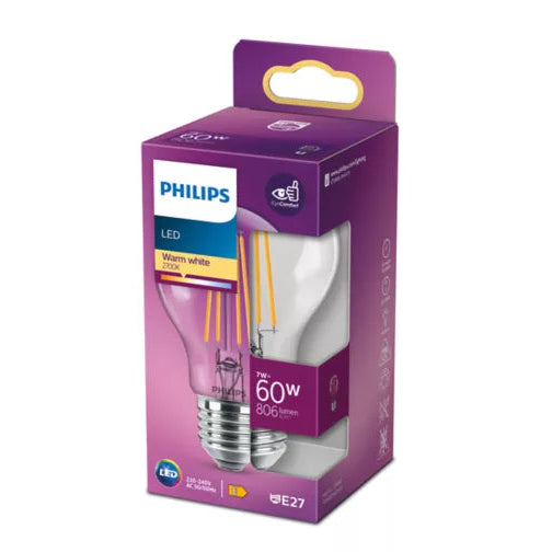 A boxed Philips LED light bulb package on a plain white background. The purple retail box shows a clear bulb and filament details, with Philips branding and '60W' visible on the front.