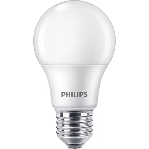 A Philips LED light bulb with a frosted white glass envelope and a silver screw base, shown against a plain white background.