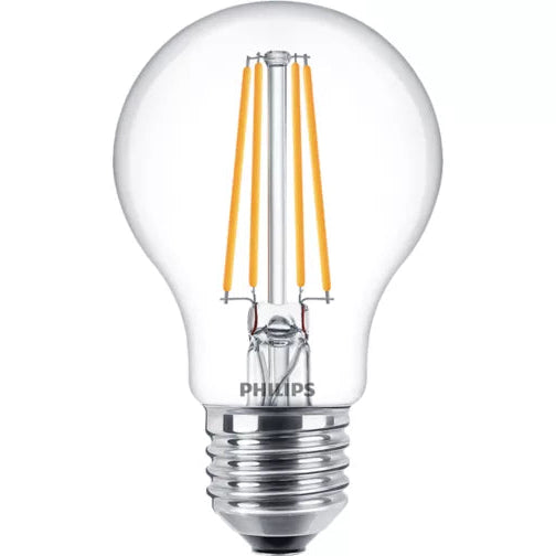 A clear glass Philips LED light bulb with a clear glass envelope, visible yellow-toned filaments, and a silver screw base on a plain white background.