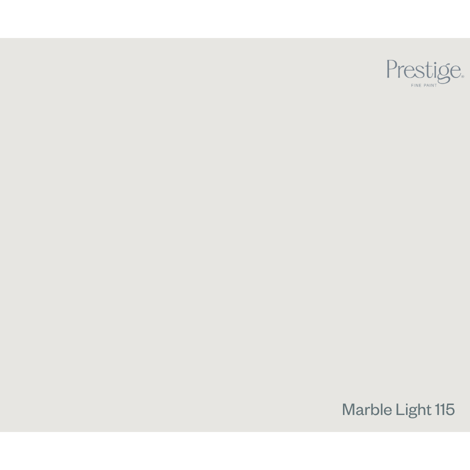 A flat, light warm grey colour swatch with the Prestige logo in the top right corner and the text 'Marble Light 115' in the bottom right corner.
Prestige Marble Light
